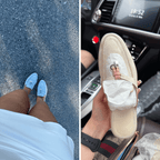 Woman wearing blue suede loafers with tassels, displaying stylish slip-on design and backless silhouette.