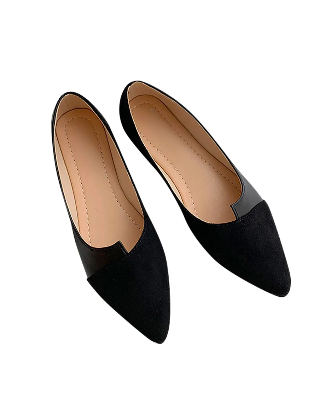 Pointed toe black ballet flats made from soft faux suede, perfect for comfort and elegance in everyday wear.