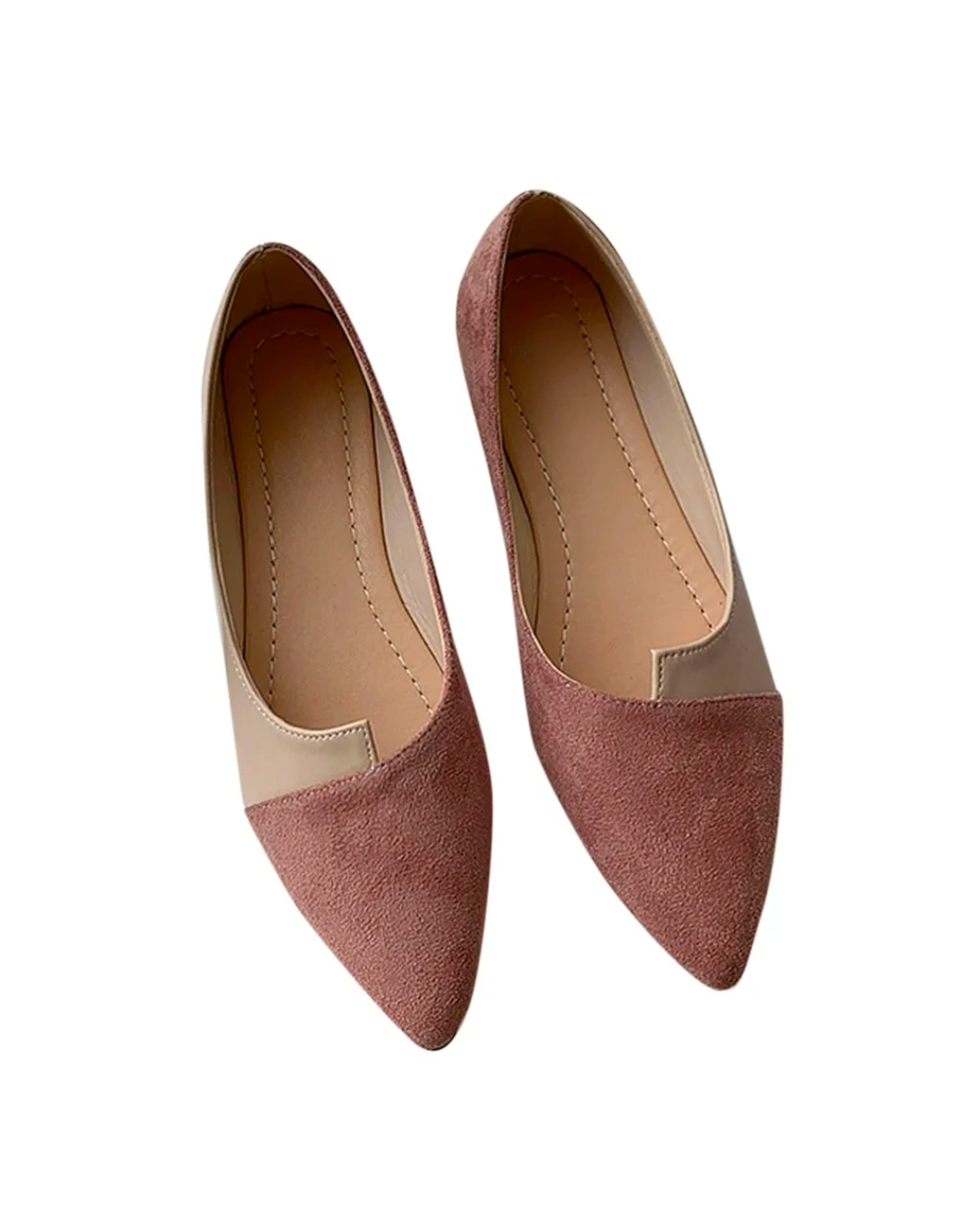 Pointed toe flats in soft pink faux suede, elegant and comfortable slip-on ballet shoes for women.