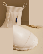 Close-up of Chelsea rain boots with ribbed elastic collar and slip-resistant sole, perfect for wet conditions.