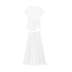 Women's two-piece co-ord set featuring a sleeveless V-neck top and wide-leg trousers in white.