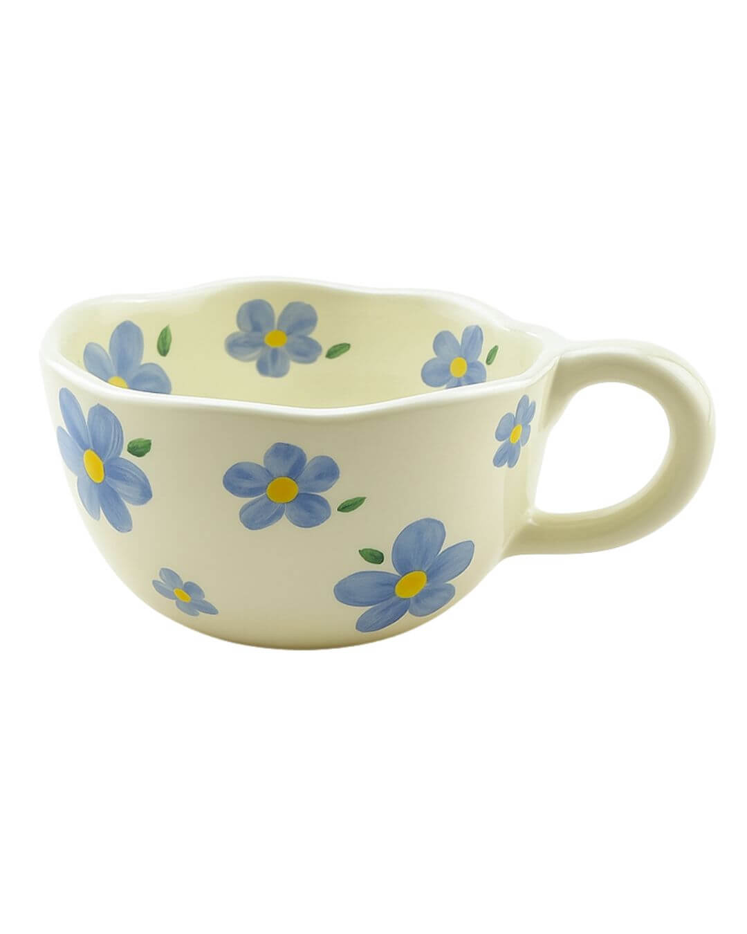 Hand-painted flower pattern ceramic mug with a unique scalloped edge, perfect for coffee or tea.