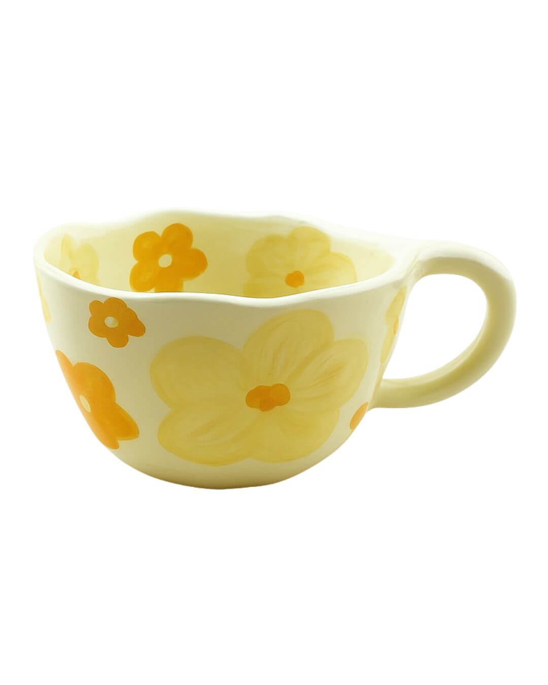Flower pattern ceramic mug with hand-drawn floral design in yellow and orange, perfect for coffee, milk, or tea.