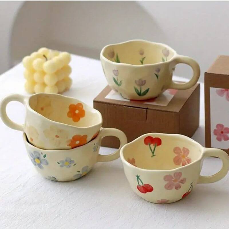 Colorful flower pattern ceramic mugs stacked with two on a box, perfect for coffee or tea.