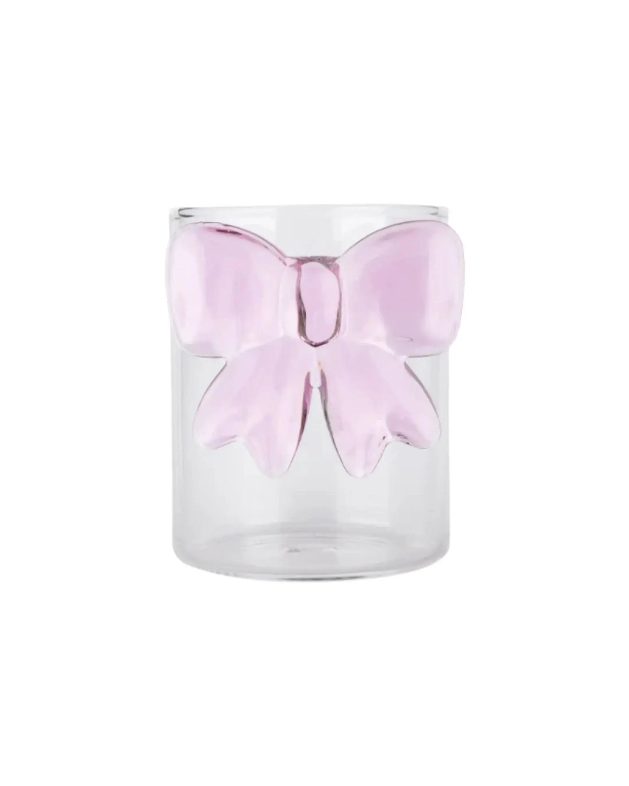 Clear handmade glass cup with large 3D pink bow handle, aesthetic drinkware for iced coffee - by Kitsch & Cozy