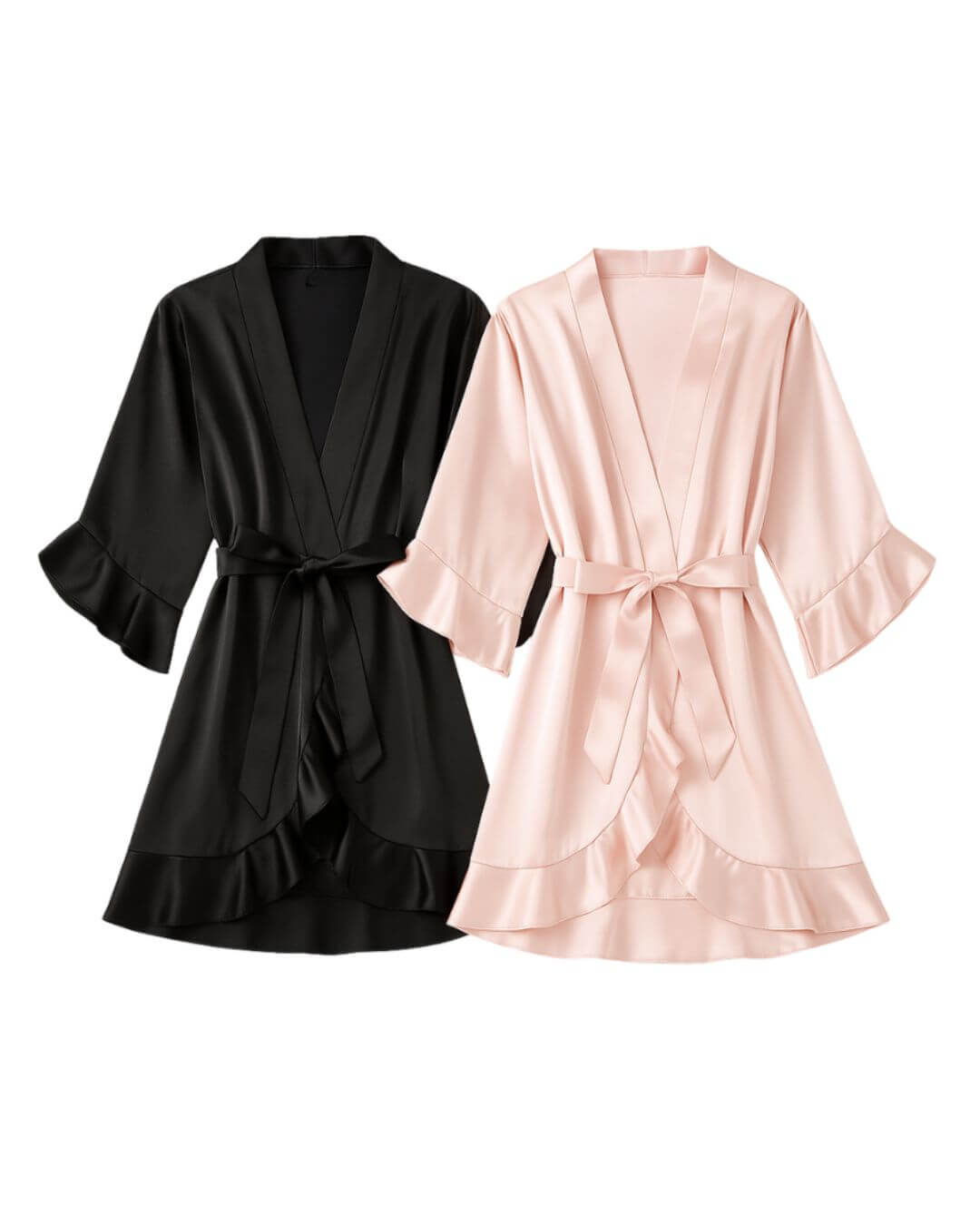 Elegant black and pink satin short dressing gowns tied with waist ribbons, perfect for luxurious lounging.